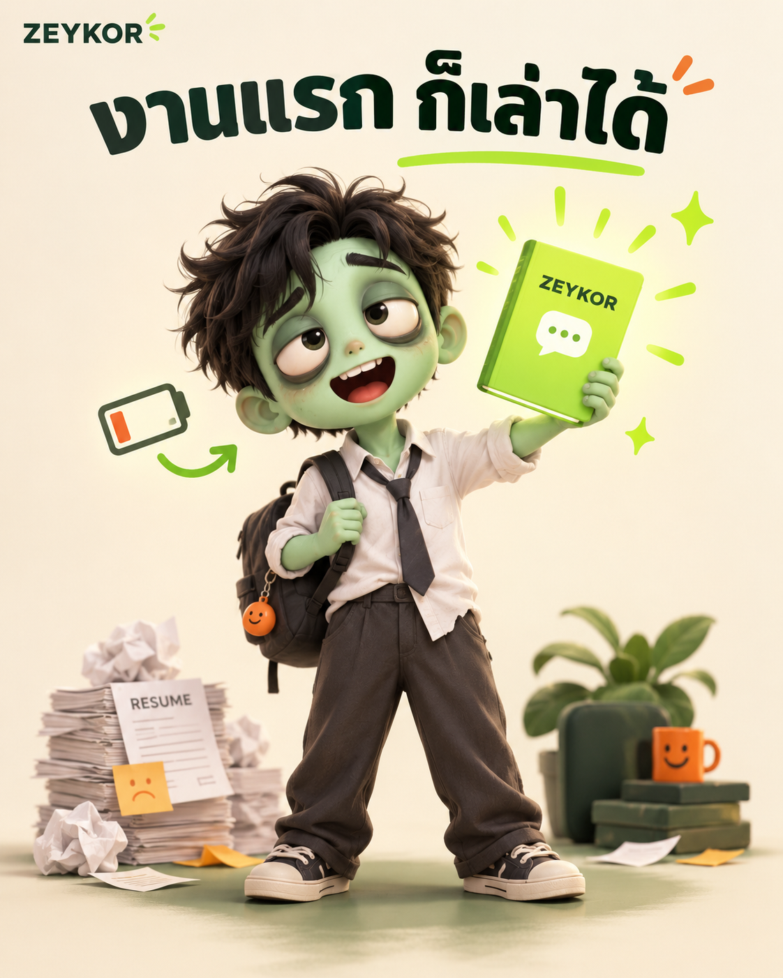 ภาพปก งานแรกก็เล่าได้ ตัวละครซอมบี้ถือหนังสือสีเขียว
